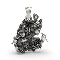Front view of 925 silver Radha Krishna flute pendant showing floral and peacock feather details.