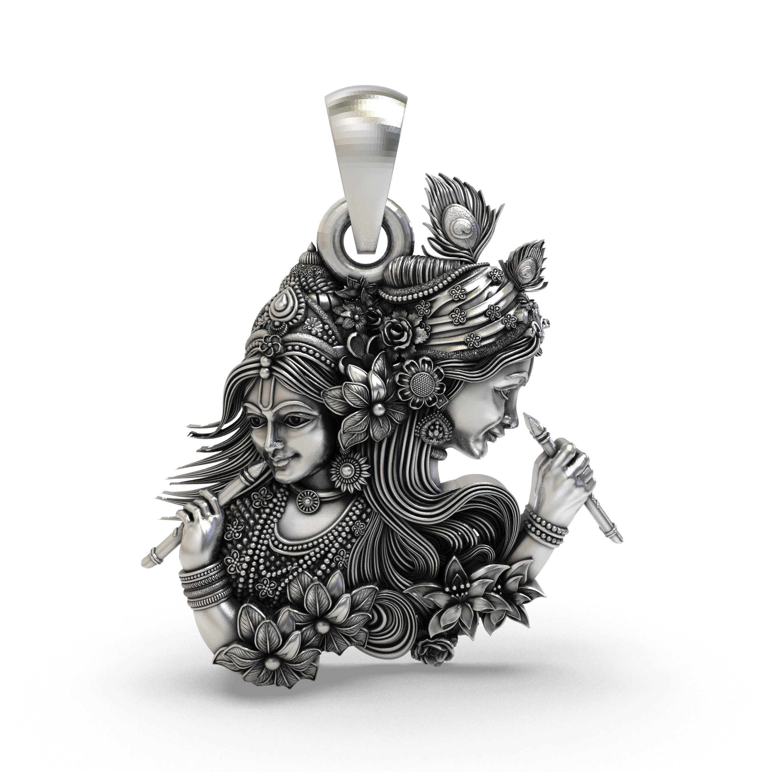 Front view of 925 silver Radha Krishna flute pendant showing floral and peacock feather details.