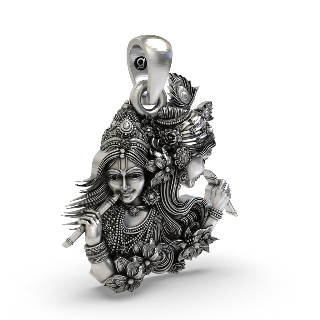 Side angle of the handcrafted 925 silver Radha Krishna dual-profile pendant showing high-relief carving.