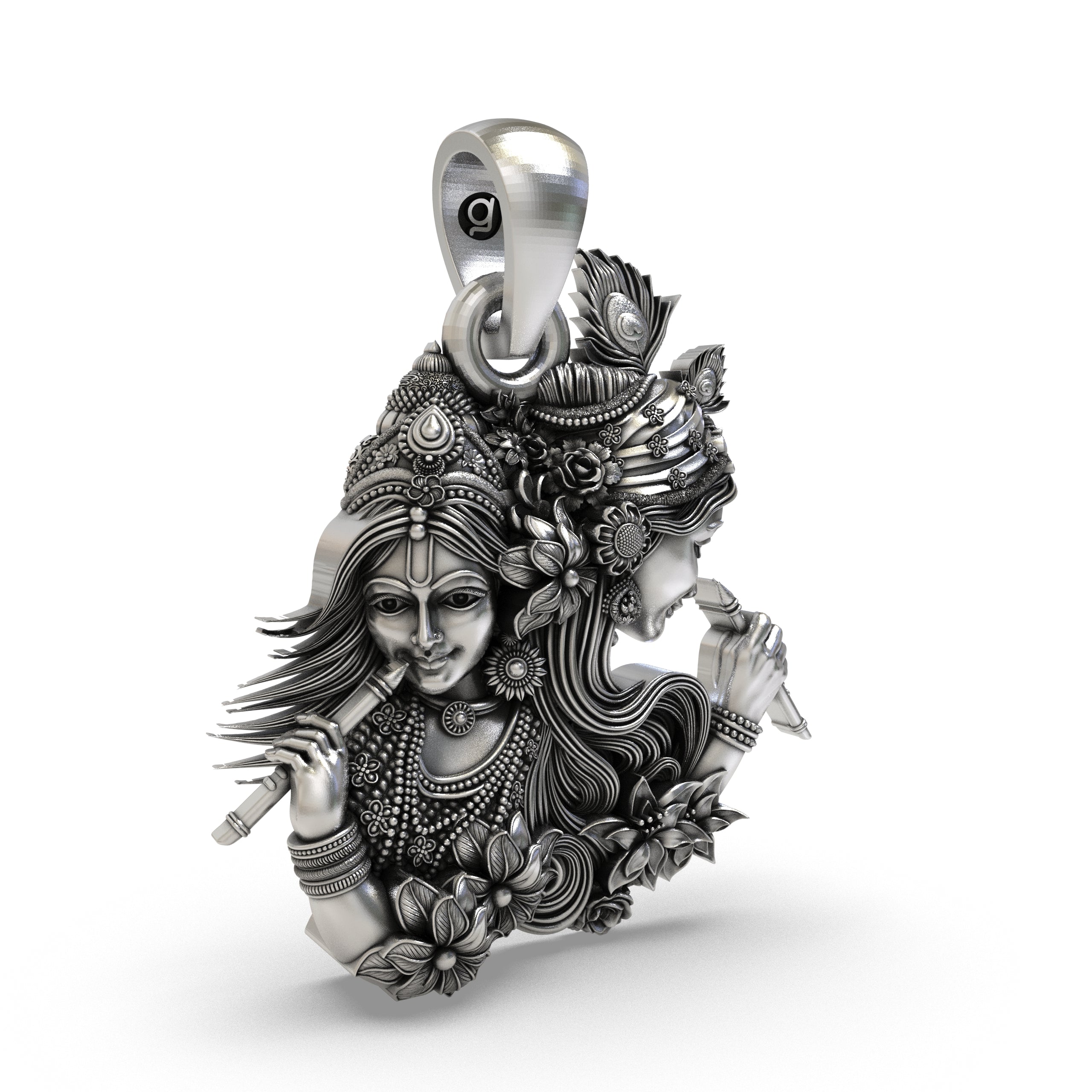 Side angle of the handcrafted 925 silver Radha Krishna dual-profile pendant showing high-relief carving.