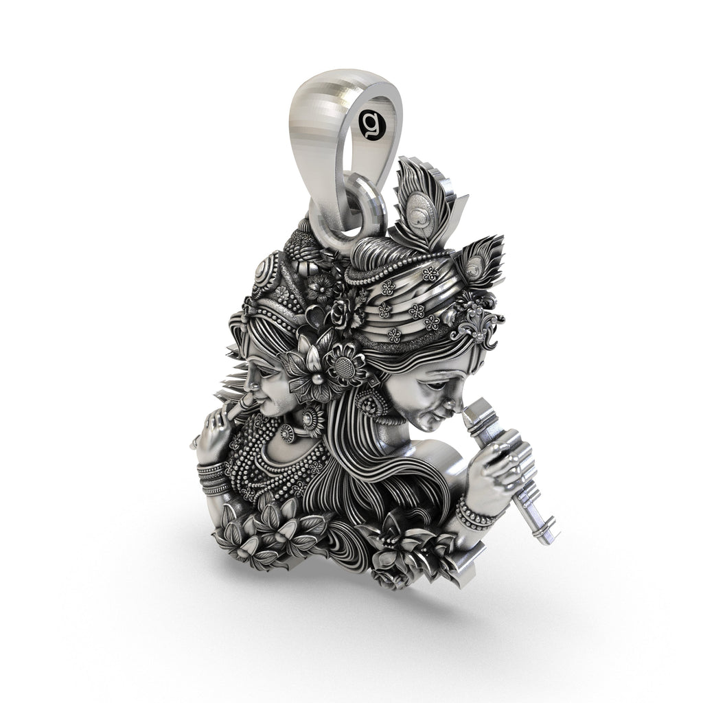 Worn look of the sterling silver Radha Krishna flute pendant elegantly styled on a chain for daily bhakti.