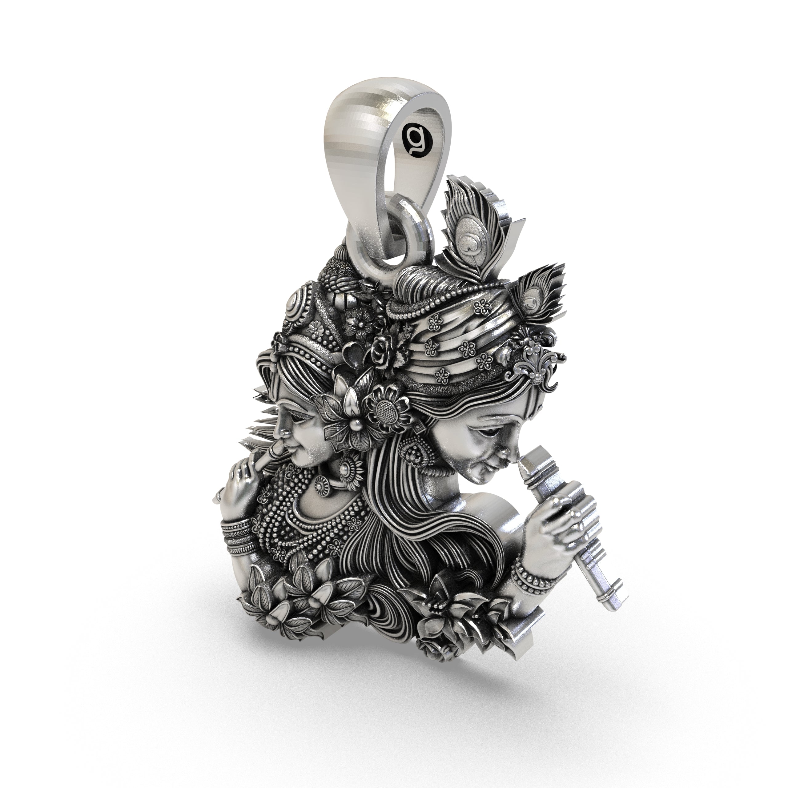Worn look of the sterling silver Radha Krishna flute pendant elegantly styled on a chain for daily bhakti.
