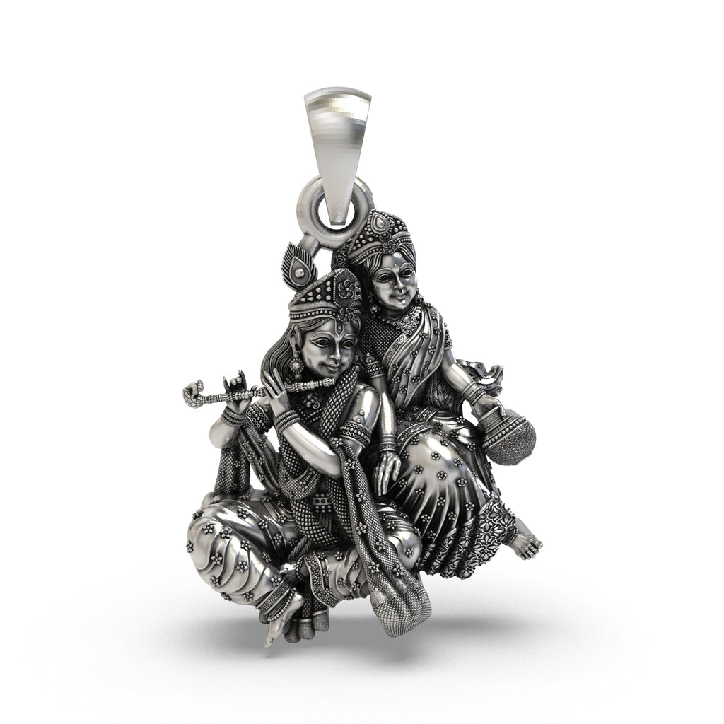 Front view of the 925 sterling silver Radha Krishna sitting pendant featuring a makhan matki and flute.