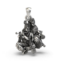 Front view of the 925 sterling silver Radha Krishna sitting pendant featuring a makhan matki and flute.