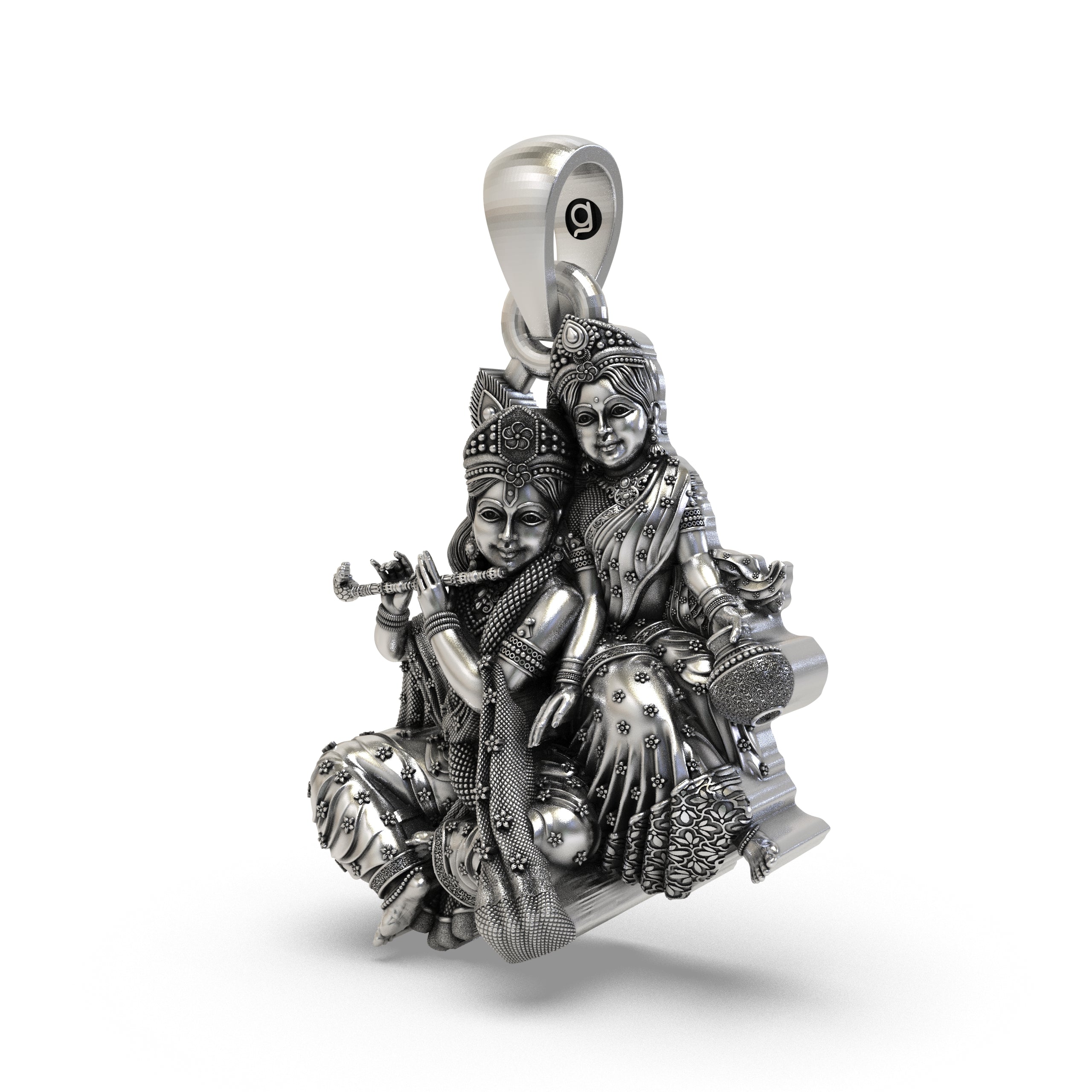 Close-up detail showing the antique oxidized finish on the handcrafted Radha Krishna silver necklace.