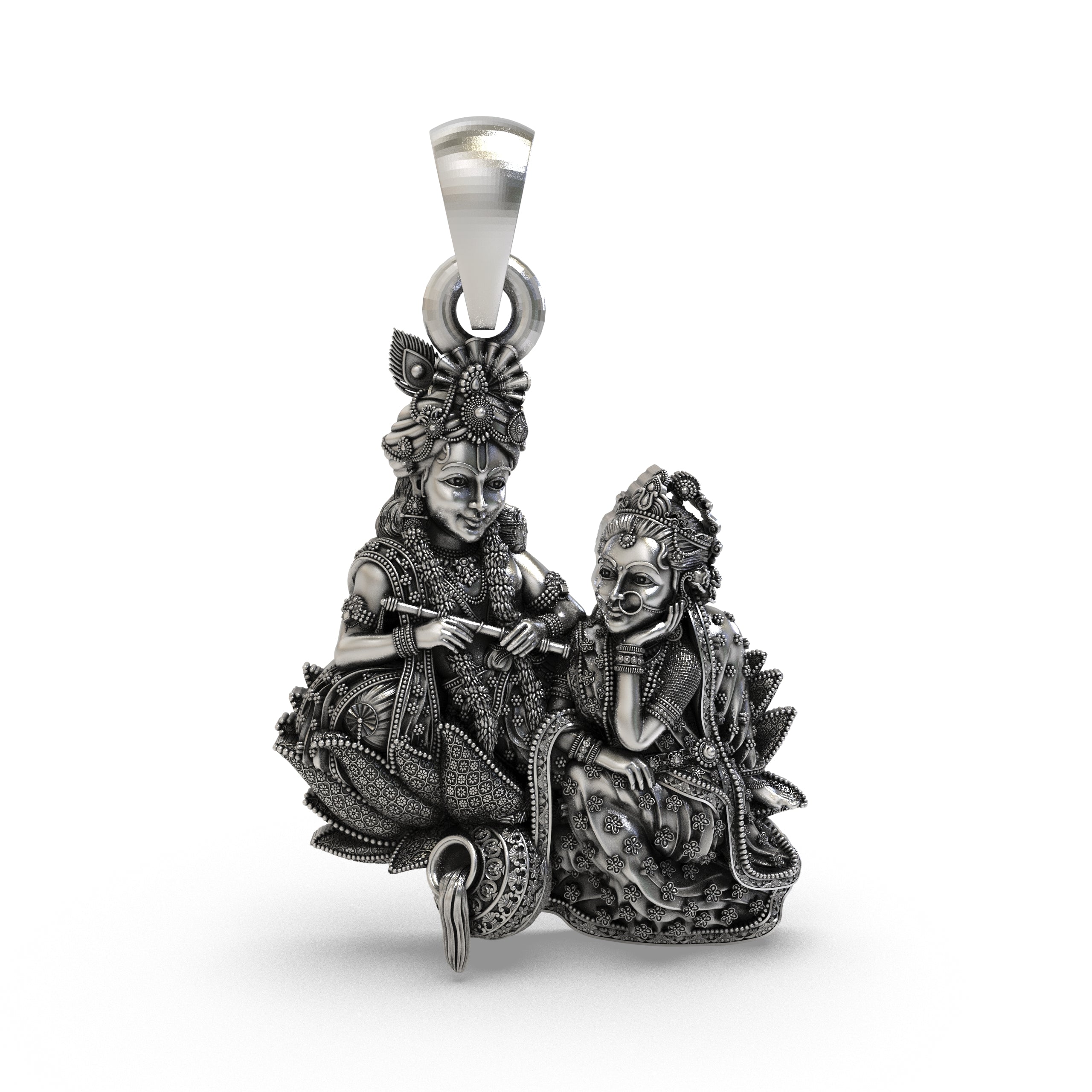 Front view of 925 sterling silver Radha Krishna pendant with antique oxidized finish. Main image