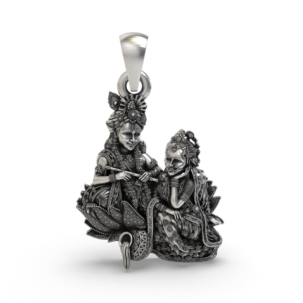 Front view of 925 sterling silver Radha Krishna pendant with antique oxidized finish.
