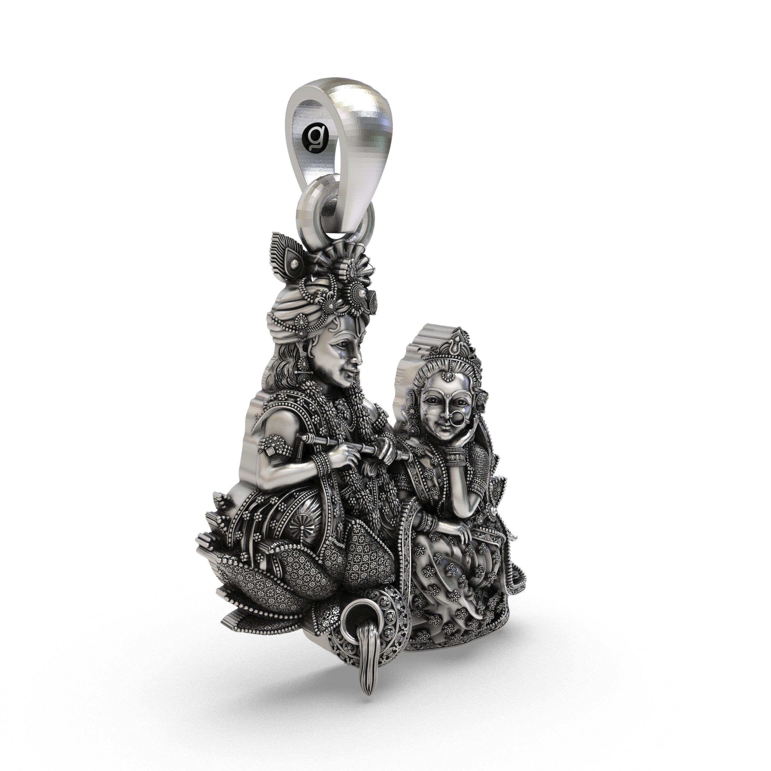 Side profile of solid 925 silver Radha Krishna necklace pendant highlighting the high relief.