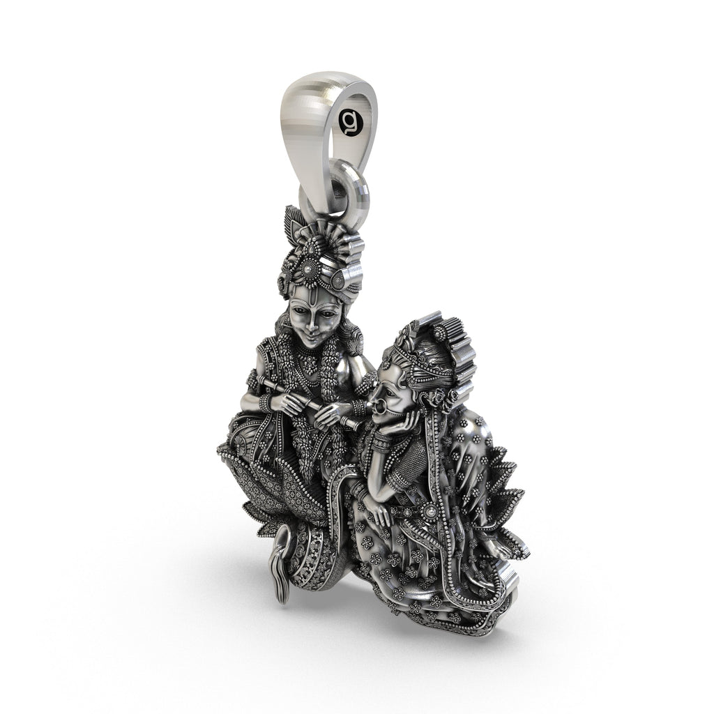 Back and bail details of the unisex 925 silver Radha Krishna devotional jewelry piece.