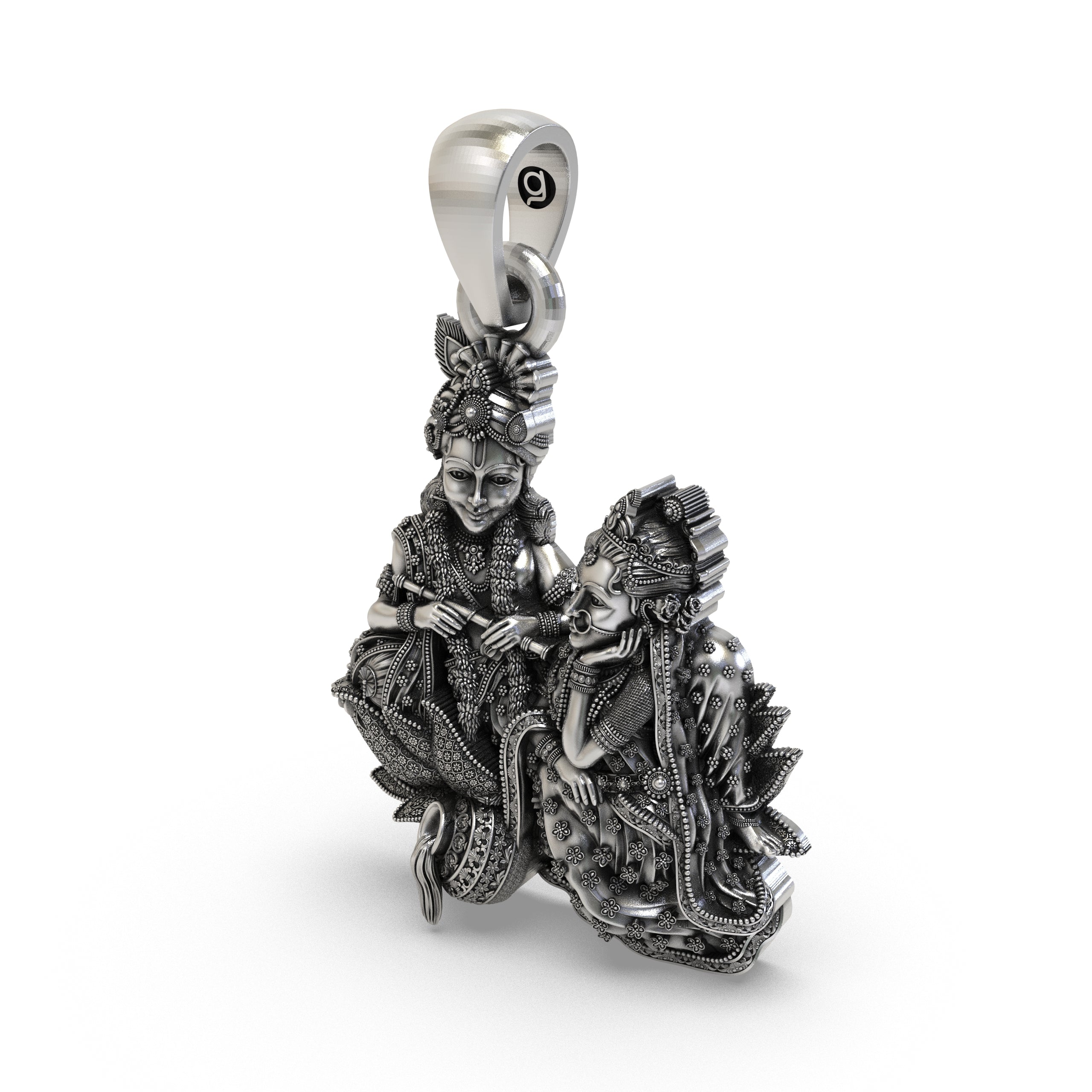 Back and bail details of the unisex 925 silver Radha Krishna devotional jewelry piece.