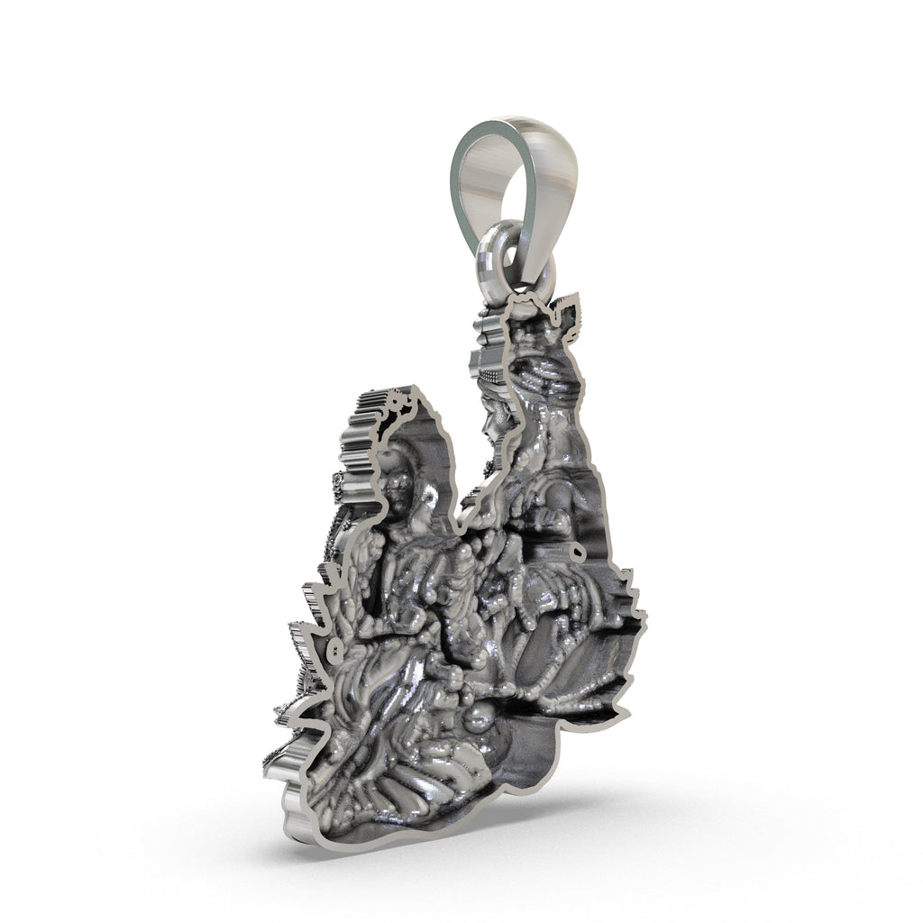 Beautifully styled 925 sterling silver Radha Krishna pendant resting on a premium gift box.