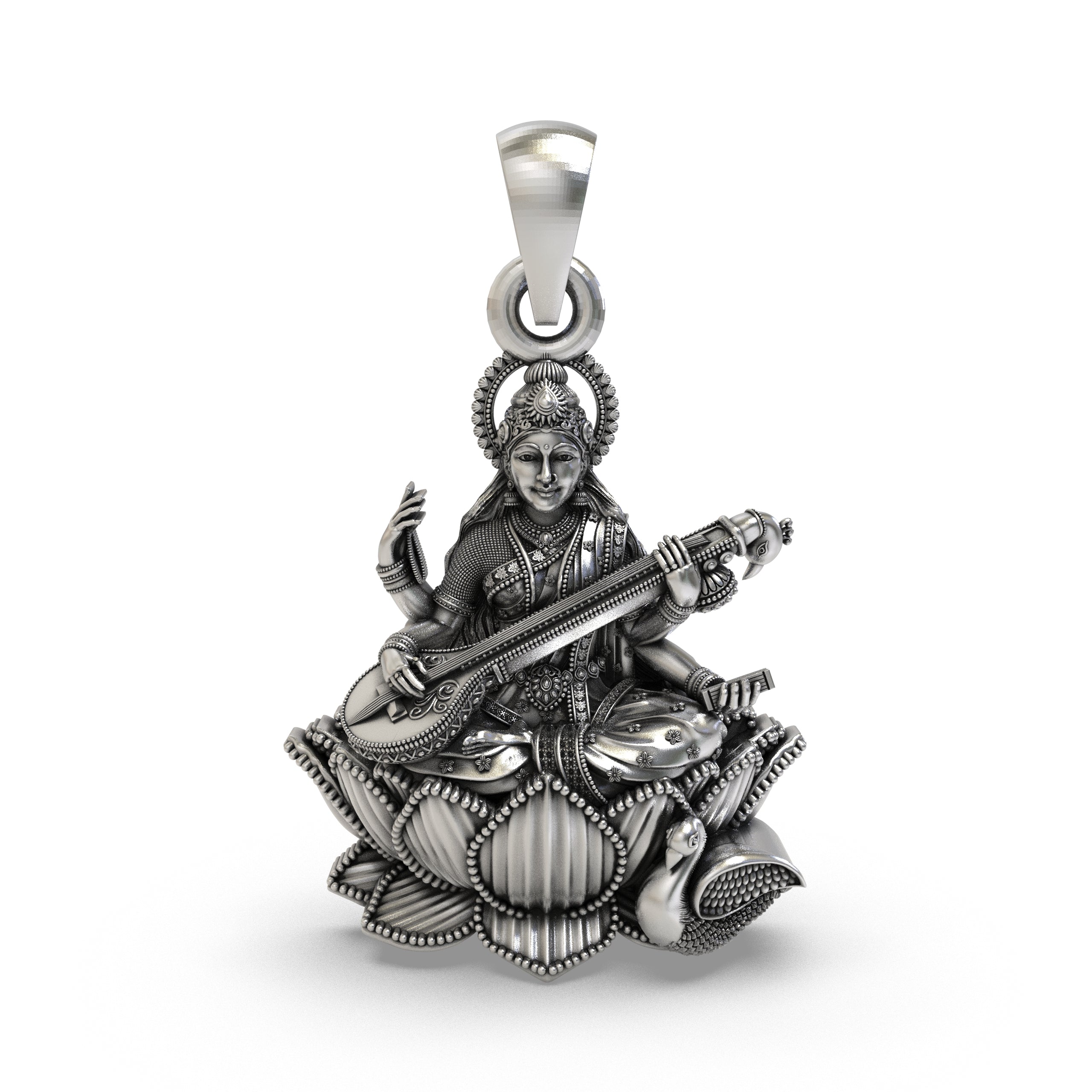 Front view of the 925 silver Goddess Saraswati pendant with veena and lotus motifs. Main image