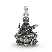 Front view of the 925 silver Goddess Saraswati pendant with veena and lotus motifs.