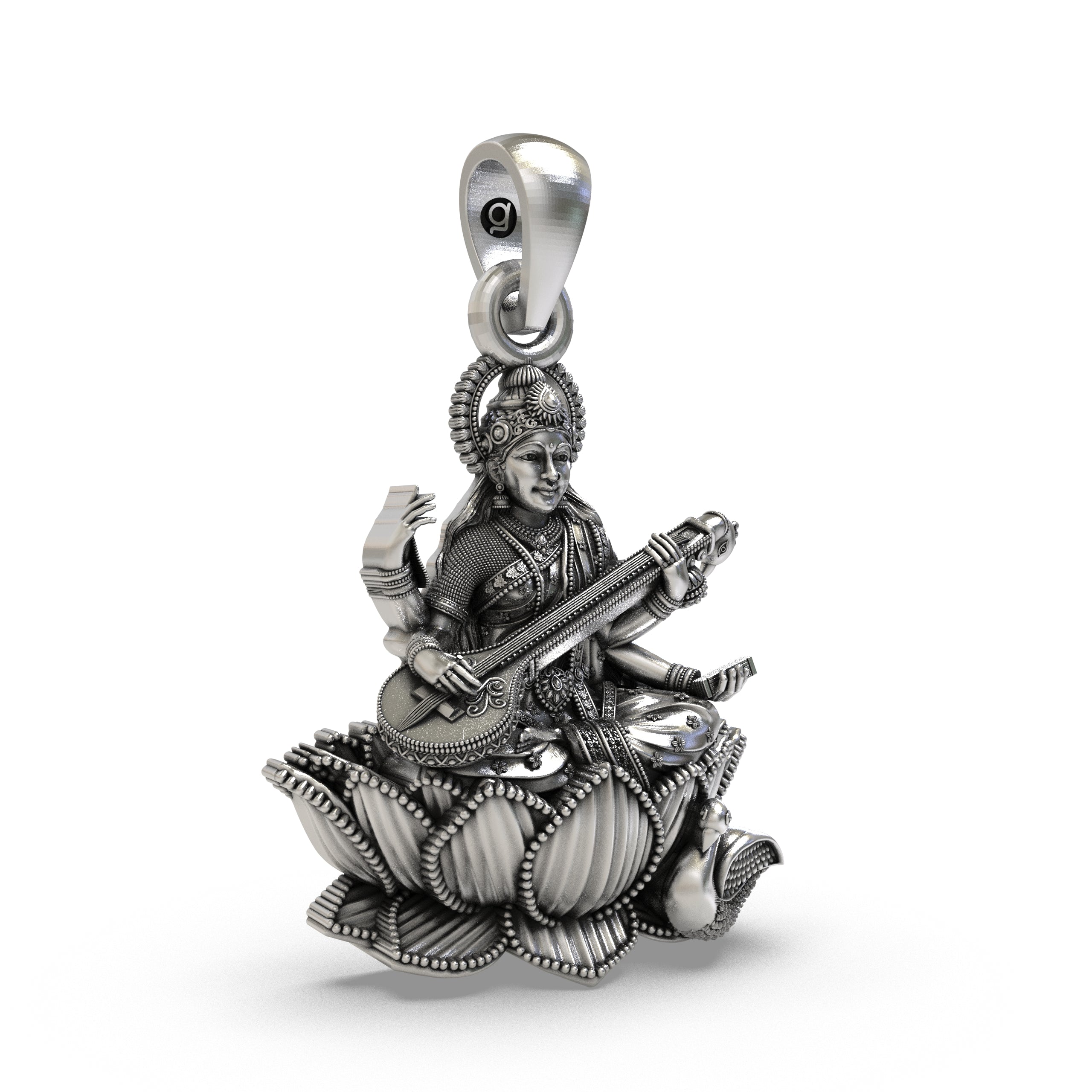 Detailed carving of the hansa swan on the handcrafted silver Saraswati Maa pendant.