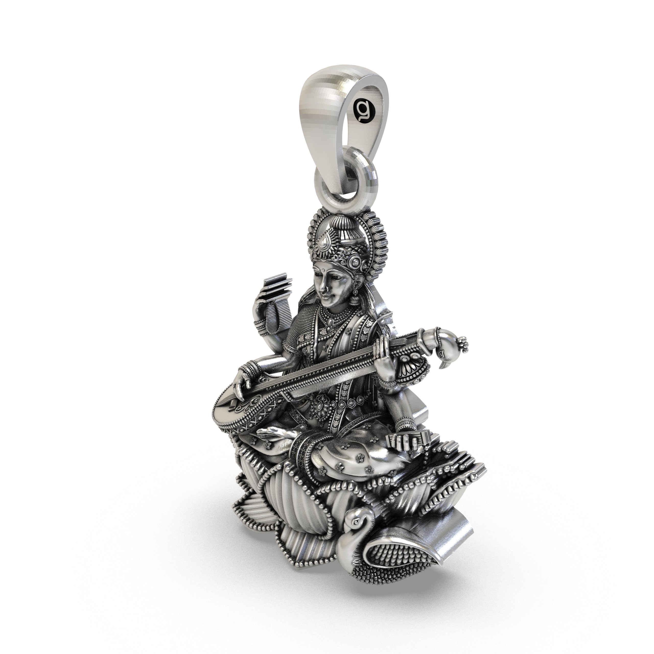 Styled look of the 925 silver Goddess Saraswati pendant with premium gift packaging.