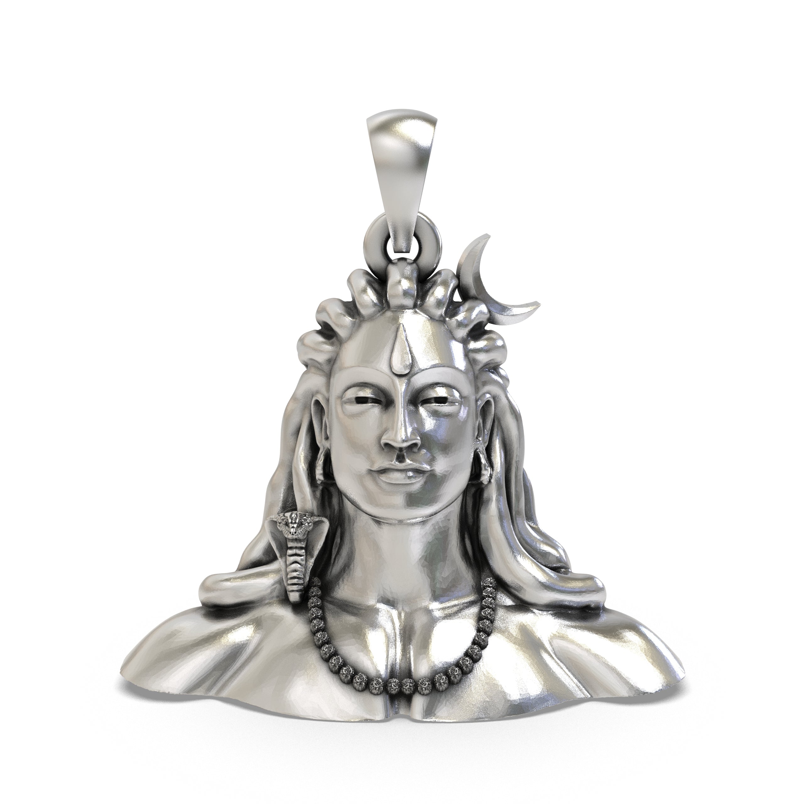 Front view of the 925 silver Adiyogi Shiva bust pendant featuring crescent moon and snake details.