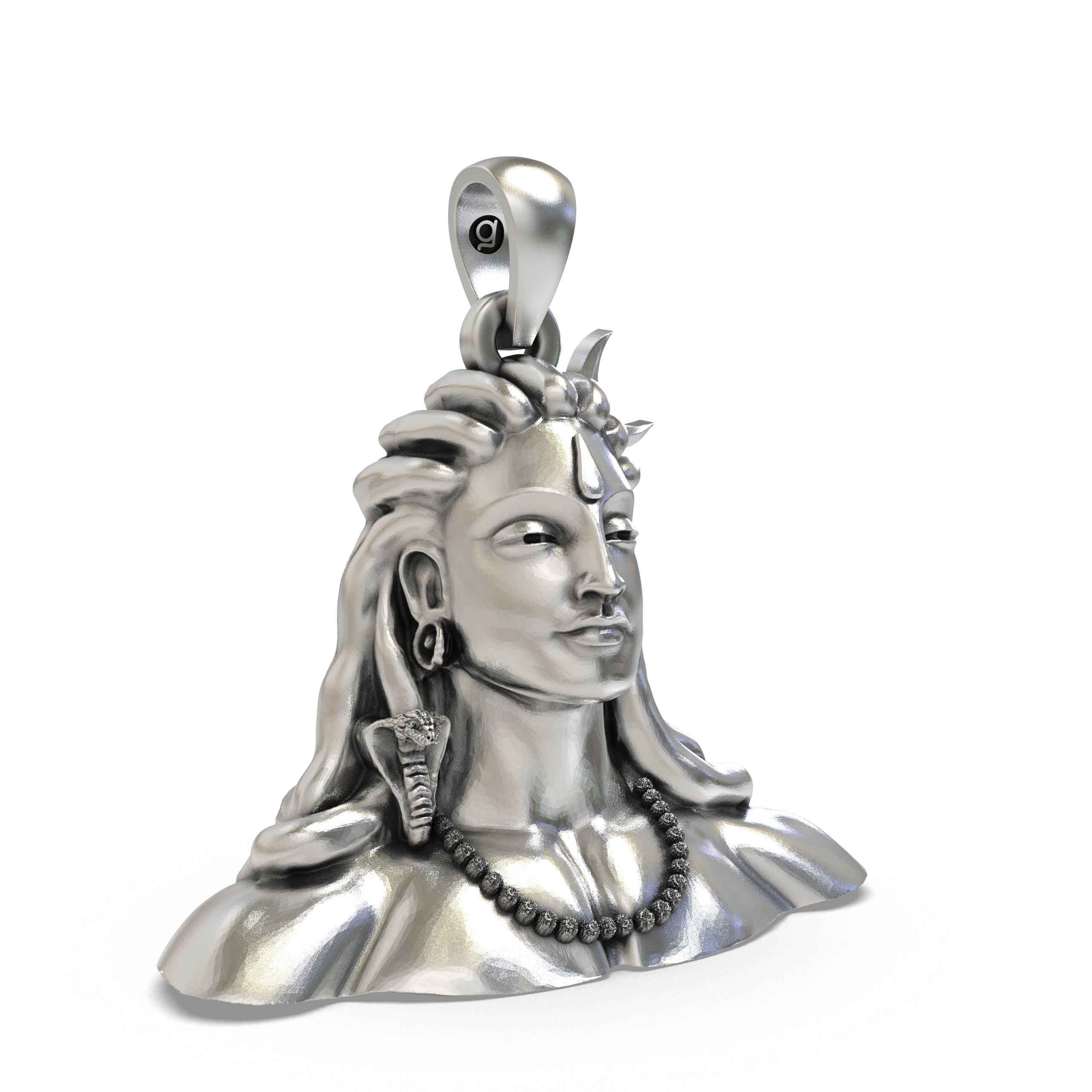 Side profile of the oxidized 925 silver Adiyogi Shiva necklace pendant highlighting the coiled naga.