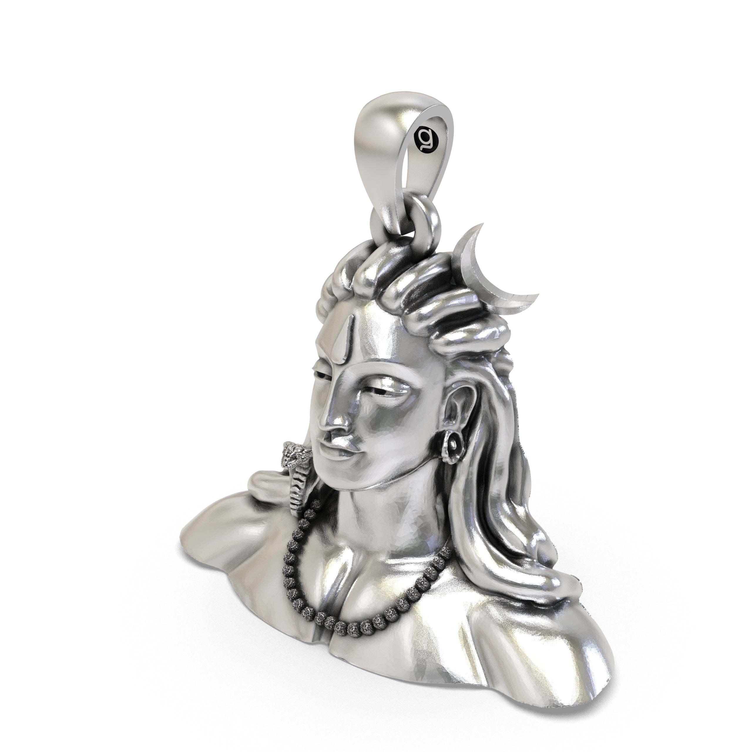 Detailed view of the premium 925 sterling silver Shiva bust devotional pendant in high-polish finish.