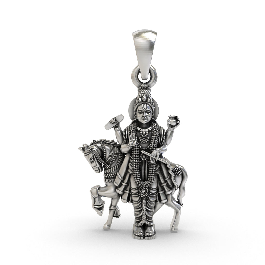 Front view of 925 sterling silver Shukra Deva pendant showing the Navagraha Venus God on a horse.