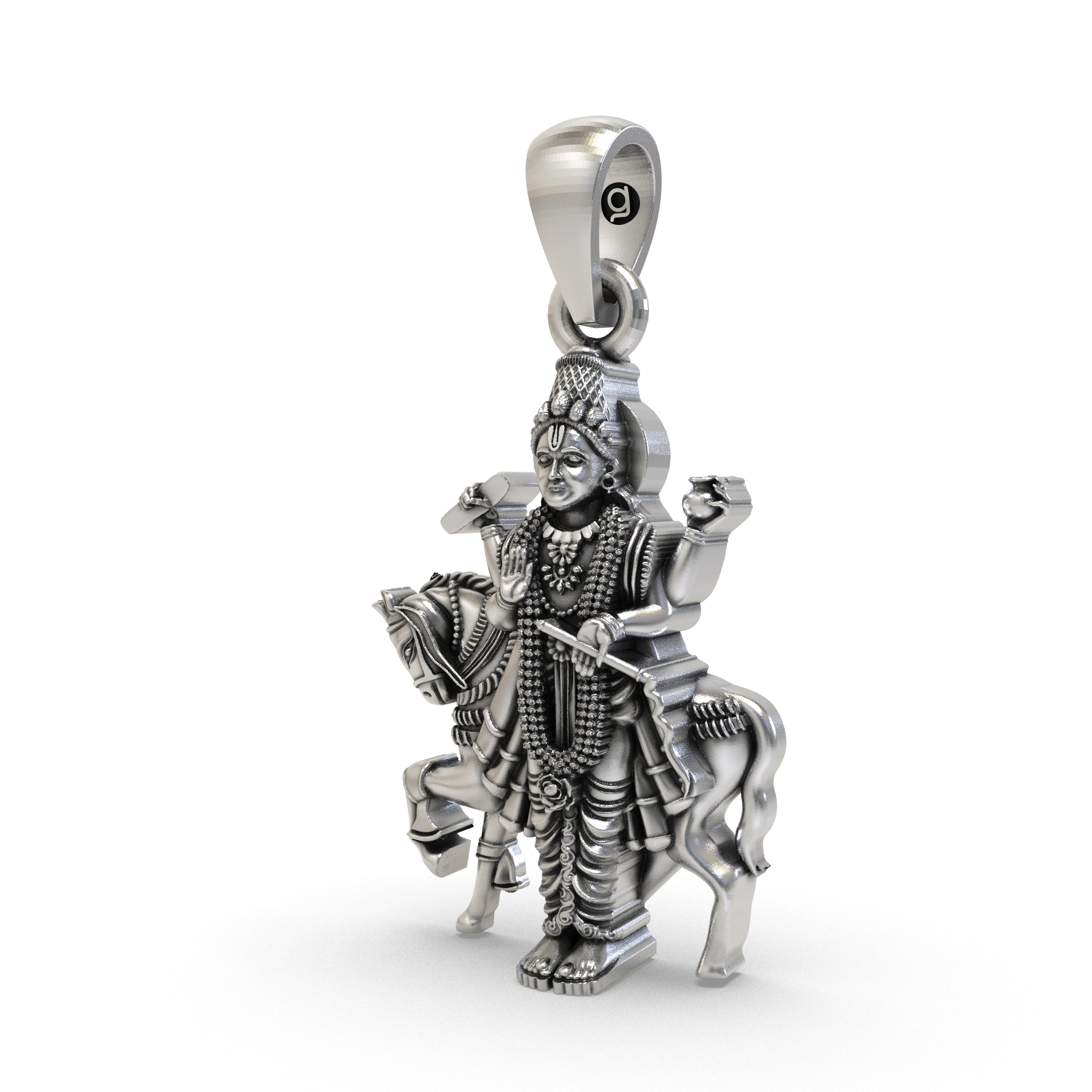 Close-up detail of the oxidized finish on the handcrafted silver Shukra Deva idol necklace by Alankar.