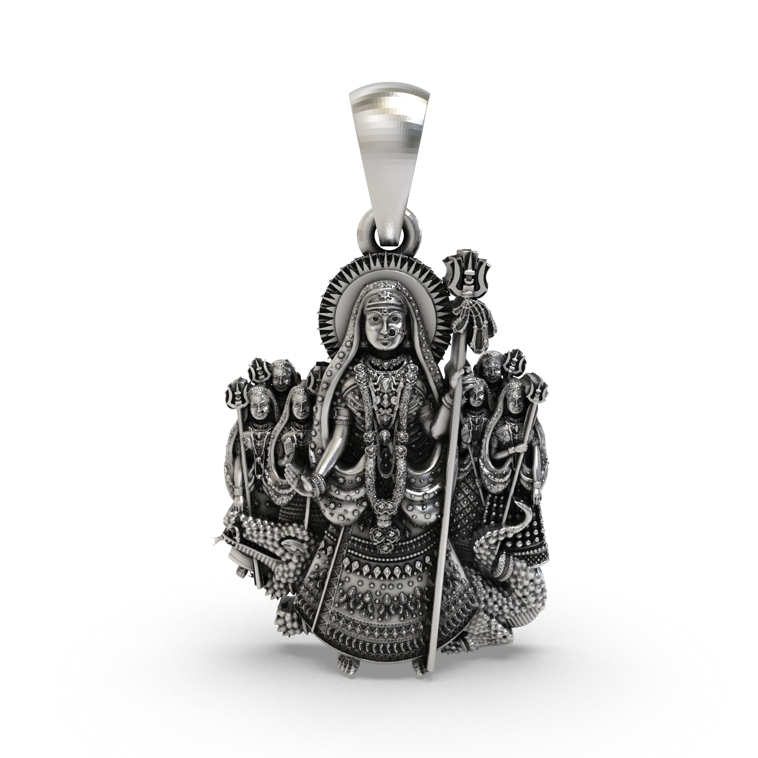 Front view of the 925 sterling silver Khodiyar Maa pendant featuring intricate details and trishul.