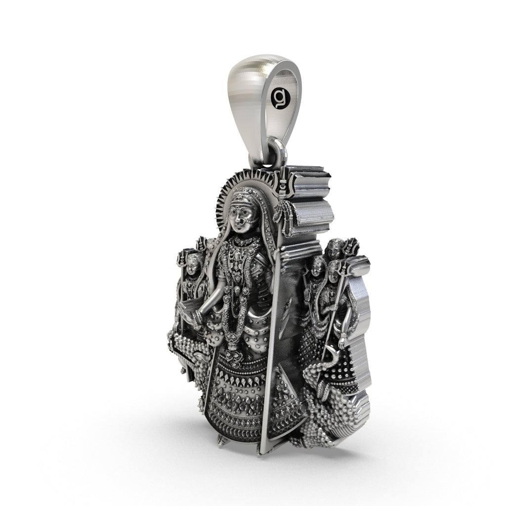 Close-up detail of the oxidized 925 silver Khodiyar Mata pendant showcasing the temple-style texture.