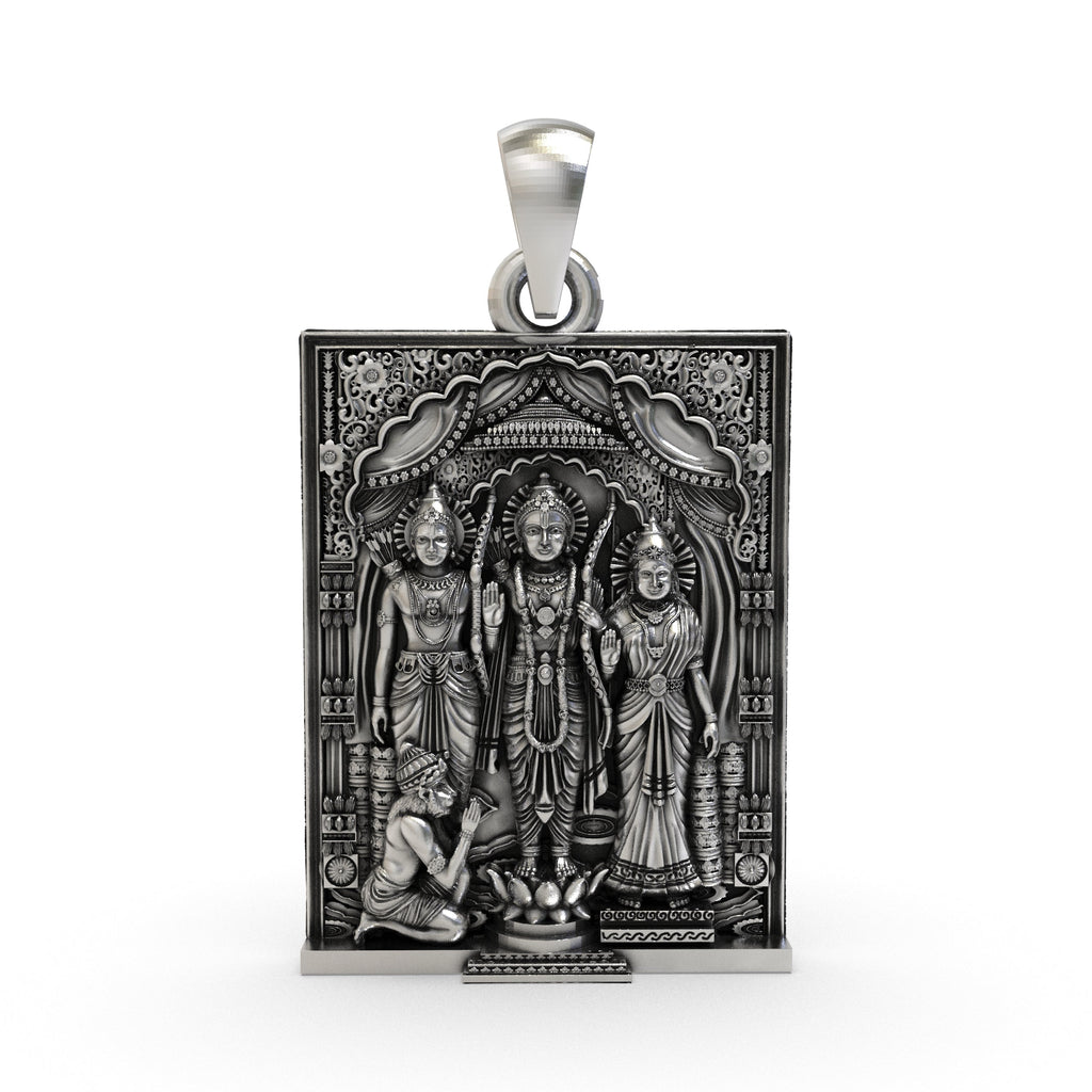 Front view of the 925 sterling silver Ram Darbar pendant featuring Ram, Sita, Lakshman, and Hanuman.