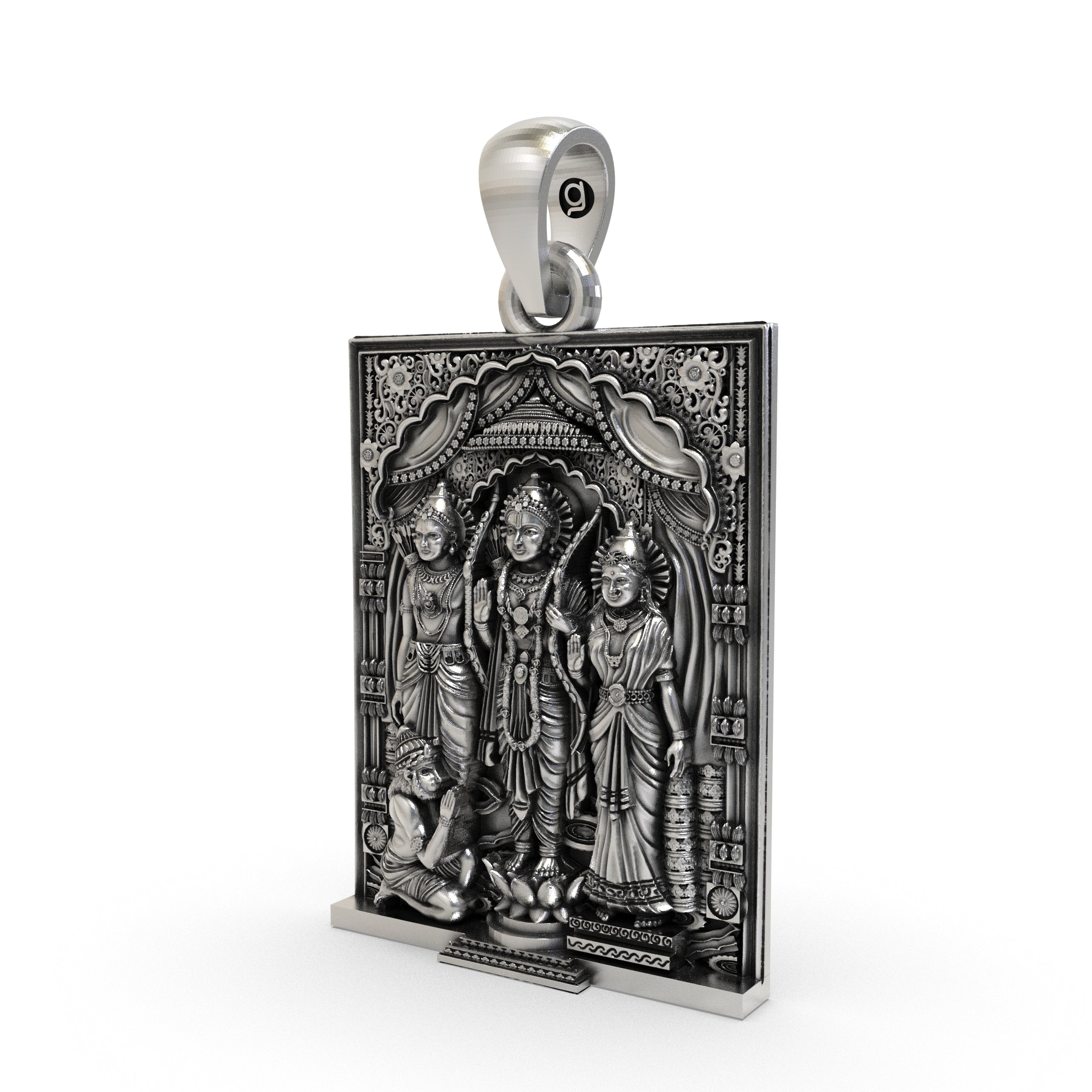 Close-up detail of the oxidized finish on the handcrafted silver Ram Darbar temple jewelry pendant.