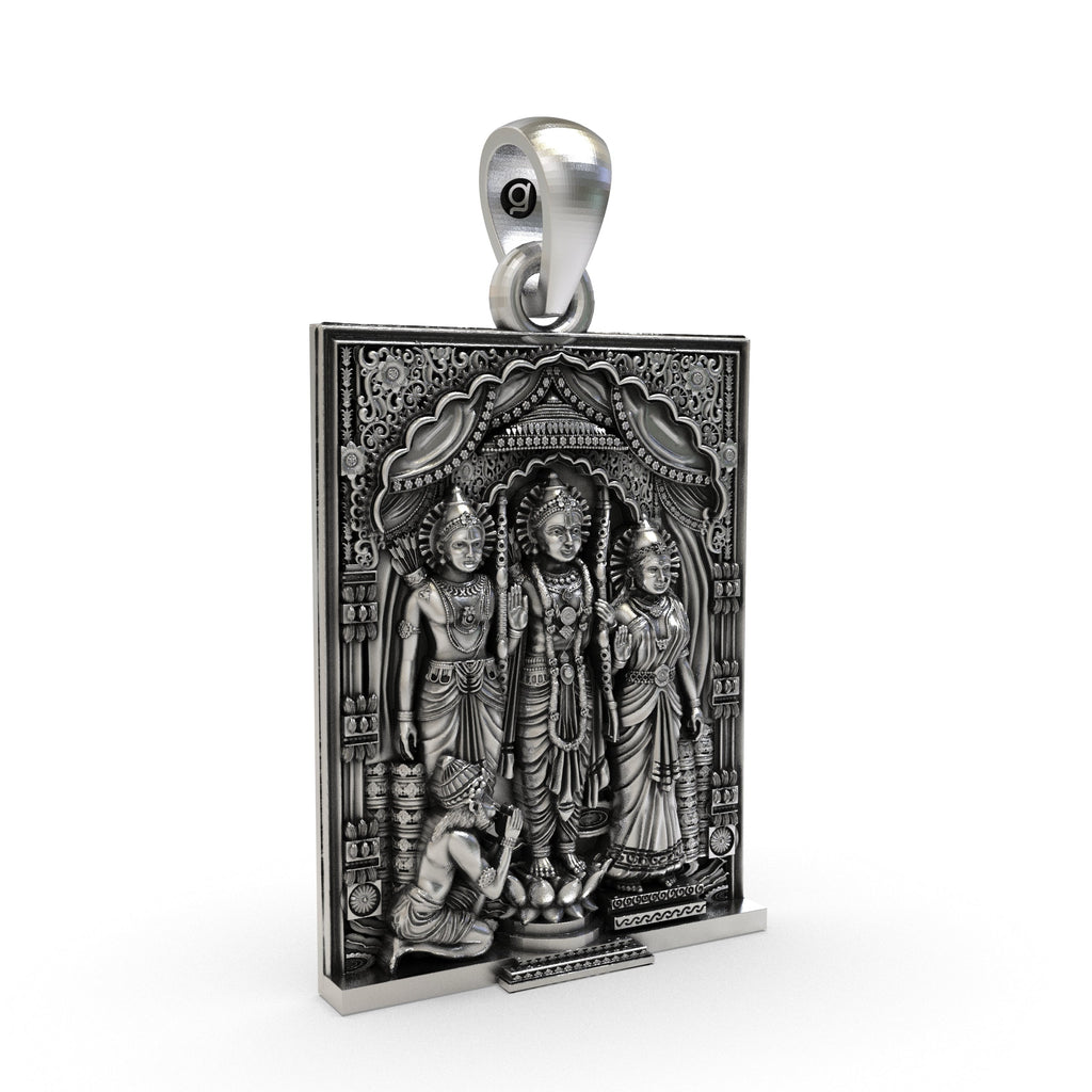 Angled profile showcasing the intricate craftsmanship of the 925 silver Hindu Ram Darbar locket.
