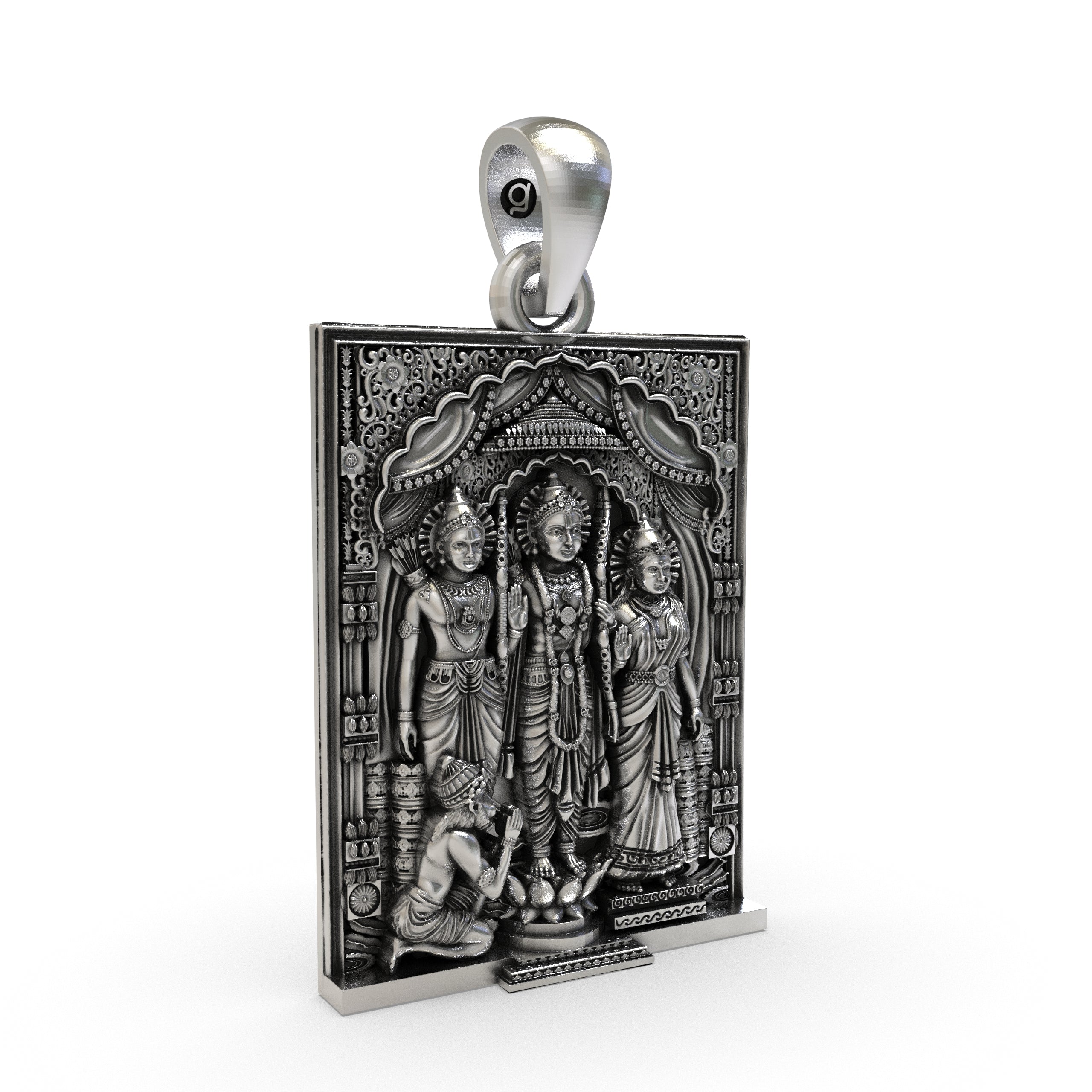 Angled profile showcasing the intricate craftsmanship of the 925 silver Hindu Ram Darbar locket.