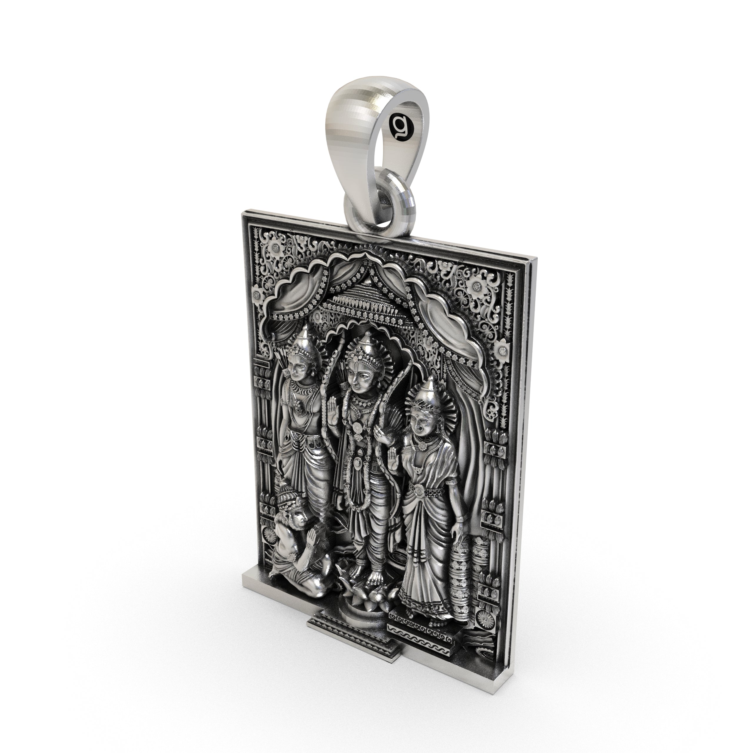 Back view and bail detail of the solid sterling silver Ram Darbar pendant for men and women.