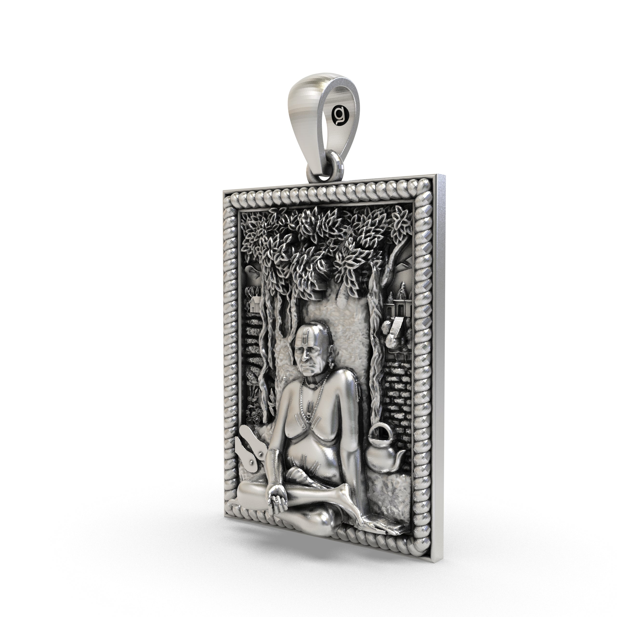 Close-up of the spiritual Swami Samarth Maharaj silver locket showing divine features.