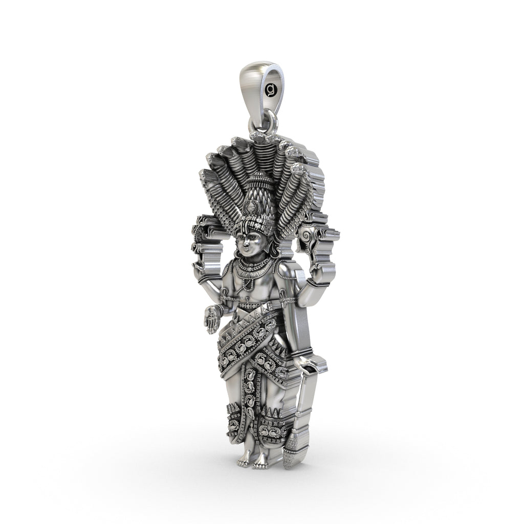 Close-up detail of the Tirupati Balaji silver pendant highlighting the traditional religious attire design.