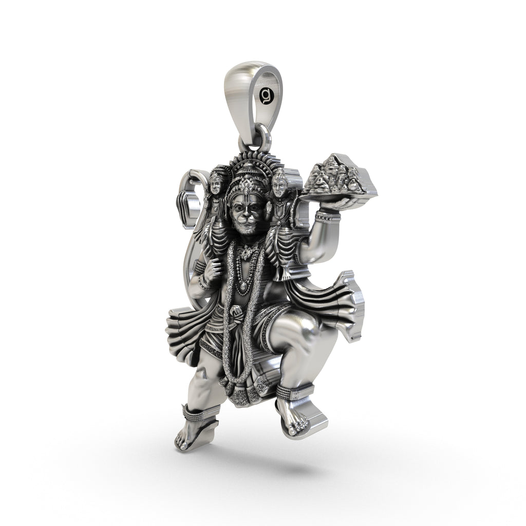 Close-up of the 925 sterling silver Hanuman flying with Ram and Lakshman religious pendant.