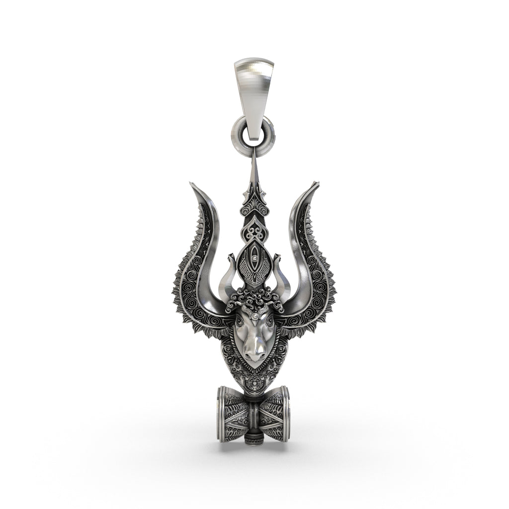 Front view of the 925 Silver Mahadev Trishul Nandi Damru Pendant showing intricate sacred details.