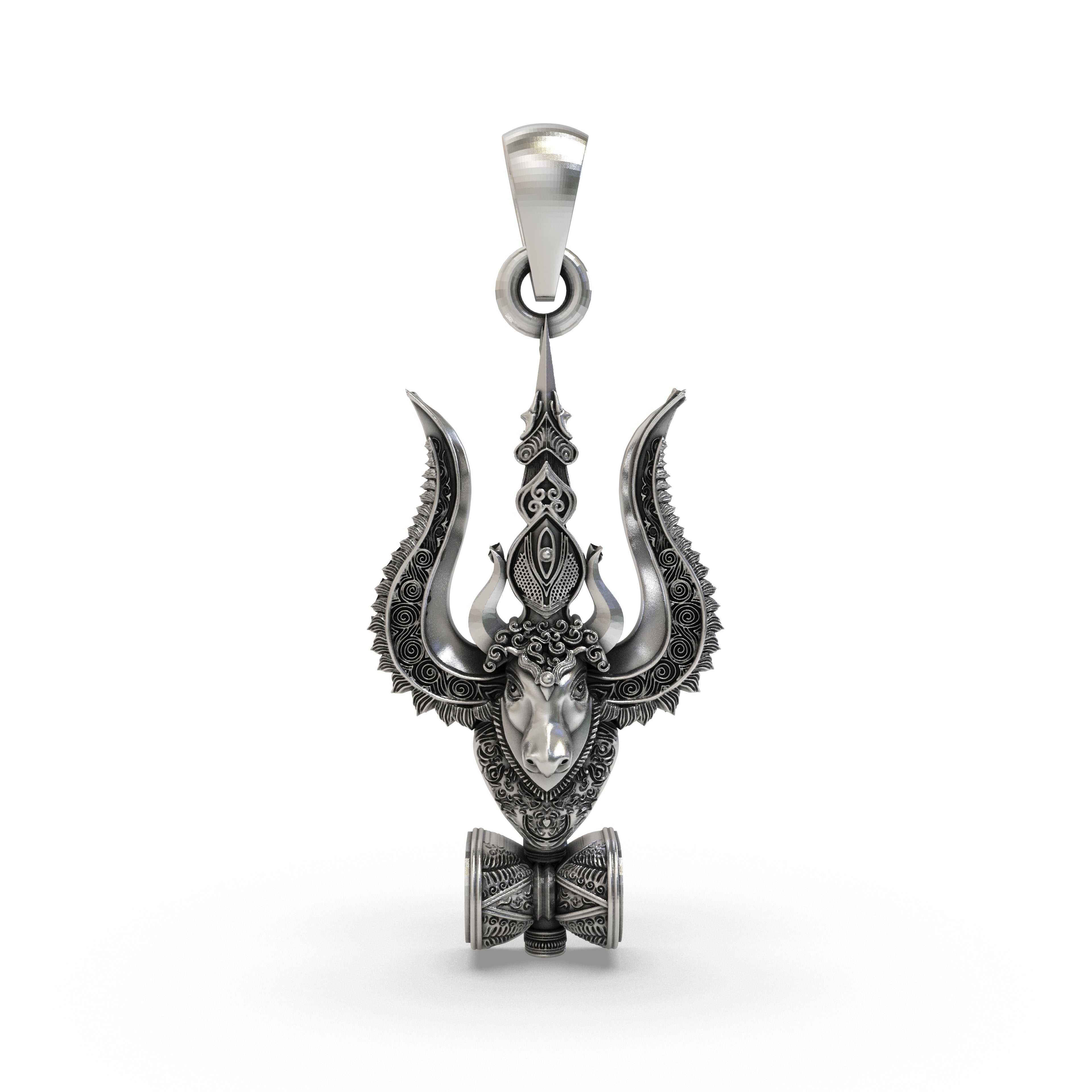 Front view of the 925 Silver Mahadev Trishul Nandi Damru Pendant showing intricate sacred details.