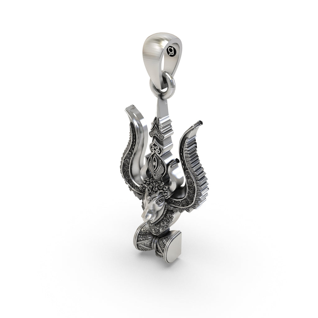 Worn look of the authentic 925 Silver Mahadev Trishul Nandi Damru Pendant resting elegantly on a chain.