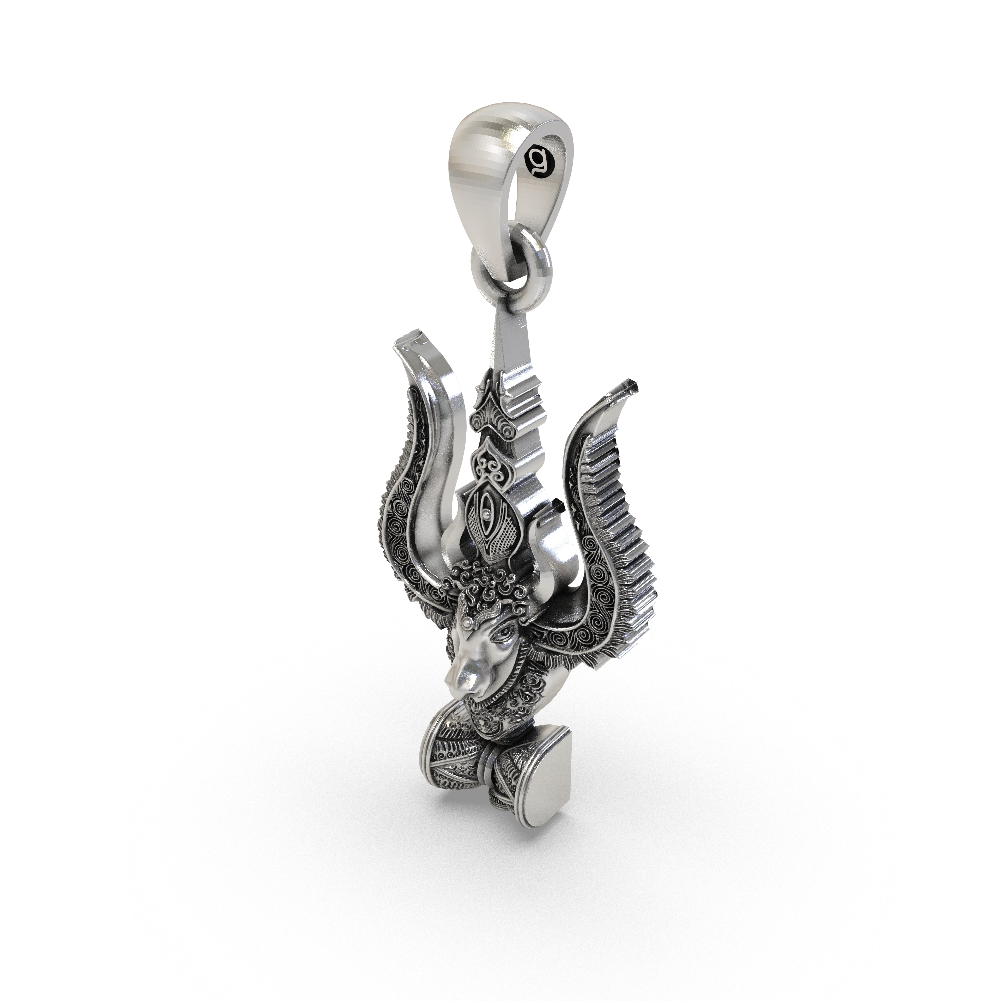 Worn look of the authentic 925 Silver Mahadev Trishul Nandi Damru Pendant resting elegantly on a chain.