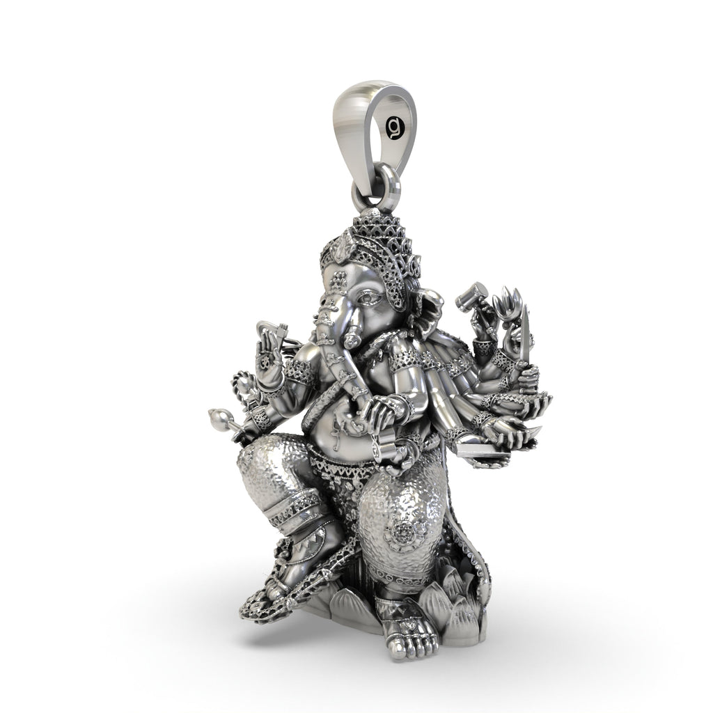 Angled view of the 3D Vinayaka sculpture pendant in premium 925 silver highlighting the elevated design.