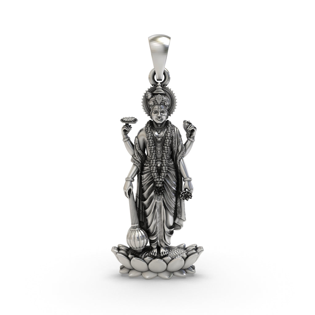 Front view of the 925 silver Lord Vishnu pendant showcasing fine spiritual details.