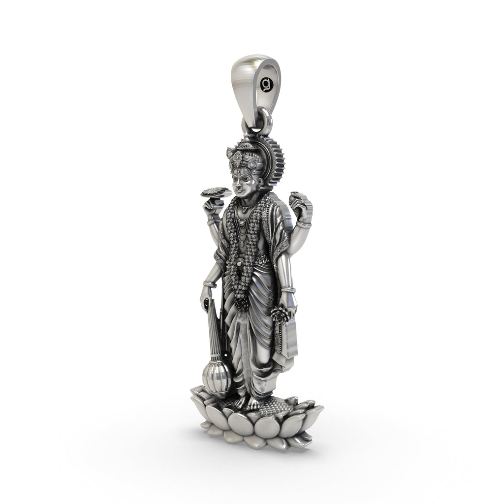 Close-up of the sterling silver Narayana pendant highlighting divine craftsmanship.