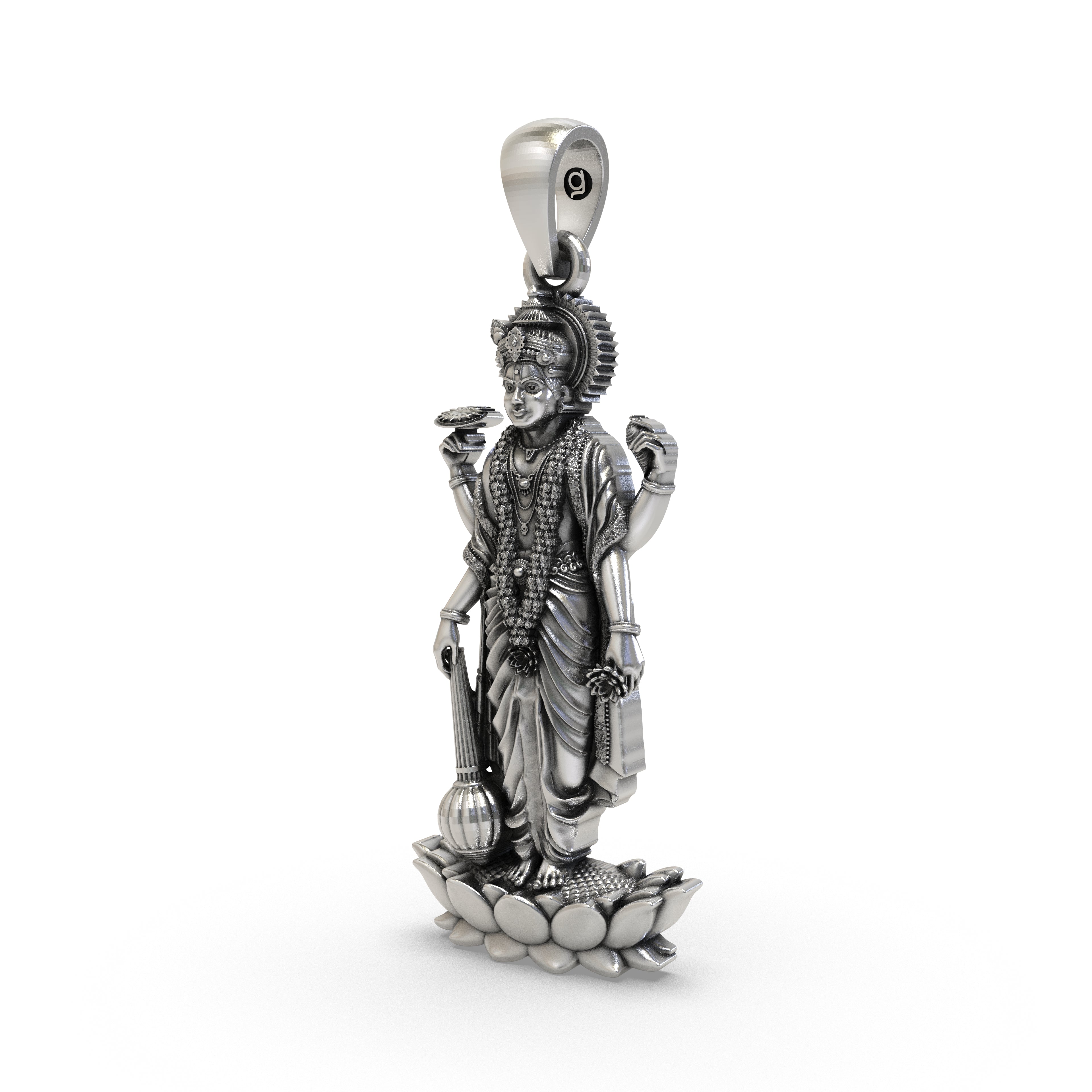 Close-up of the sterling silver Narayana pendant highlighting divine craftsmanship.