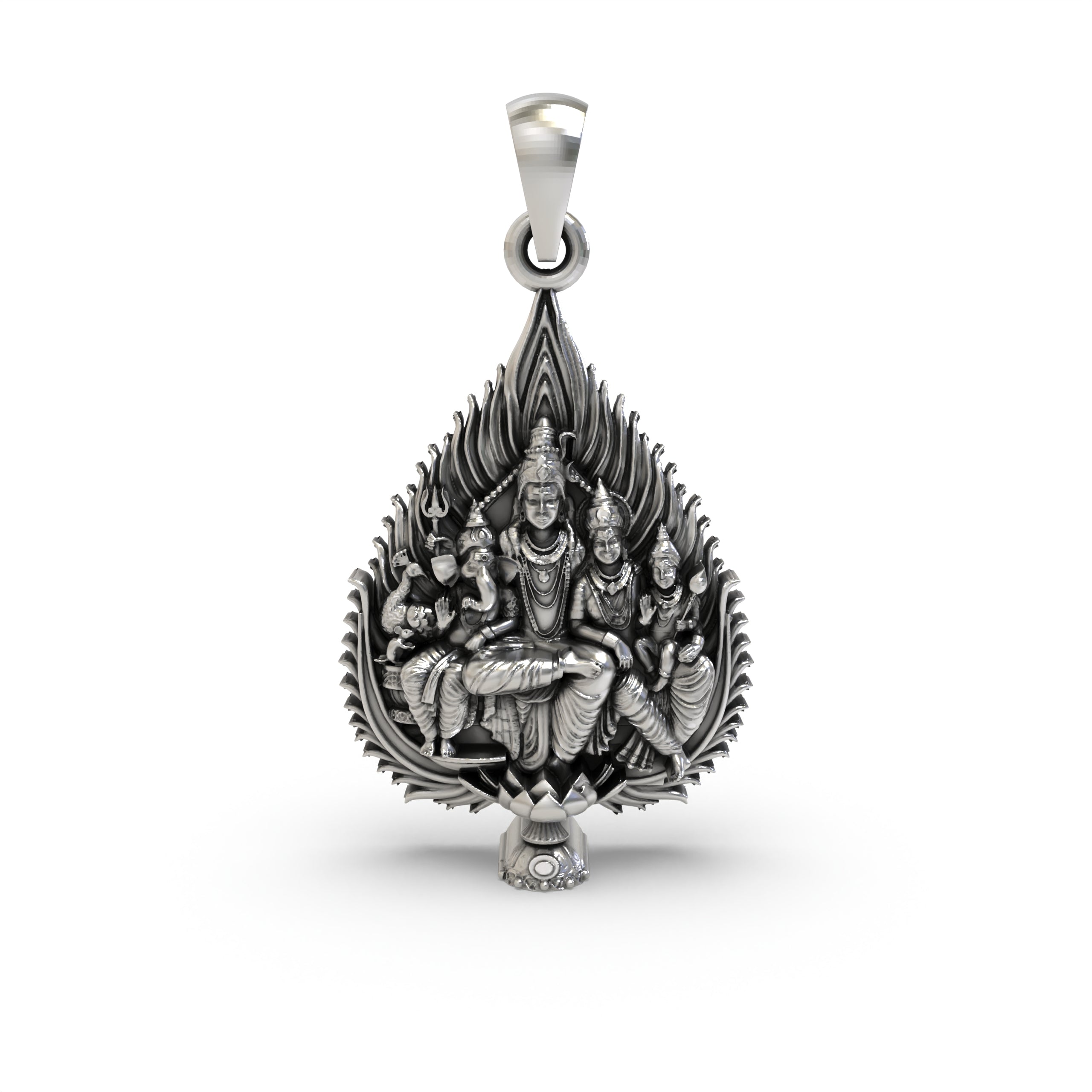 Front view of the Shiv Parivar 925 Silver Pendant showcasing Shiva, Parvati, Ganesha, and Murugan details.