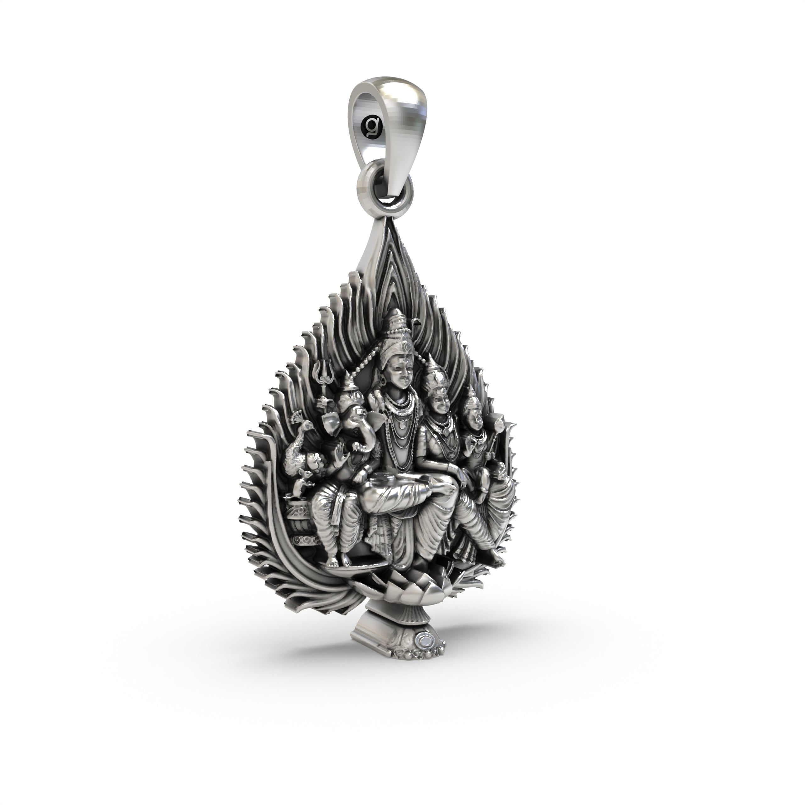 Side profile of the sacred Shiv Parivar 925 sterling silver spiritual pendant showing its lightweight build.