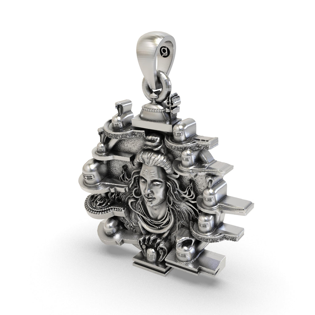 Close-up of the sacred 12 Jyotirlinga sterling silver pendant highlighting its craftsmanship.
