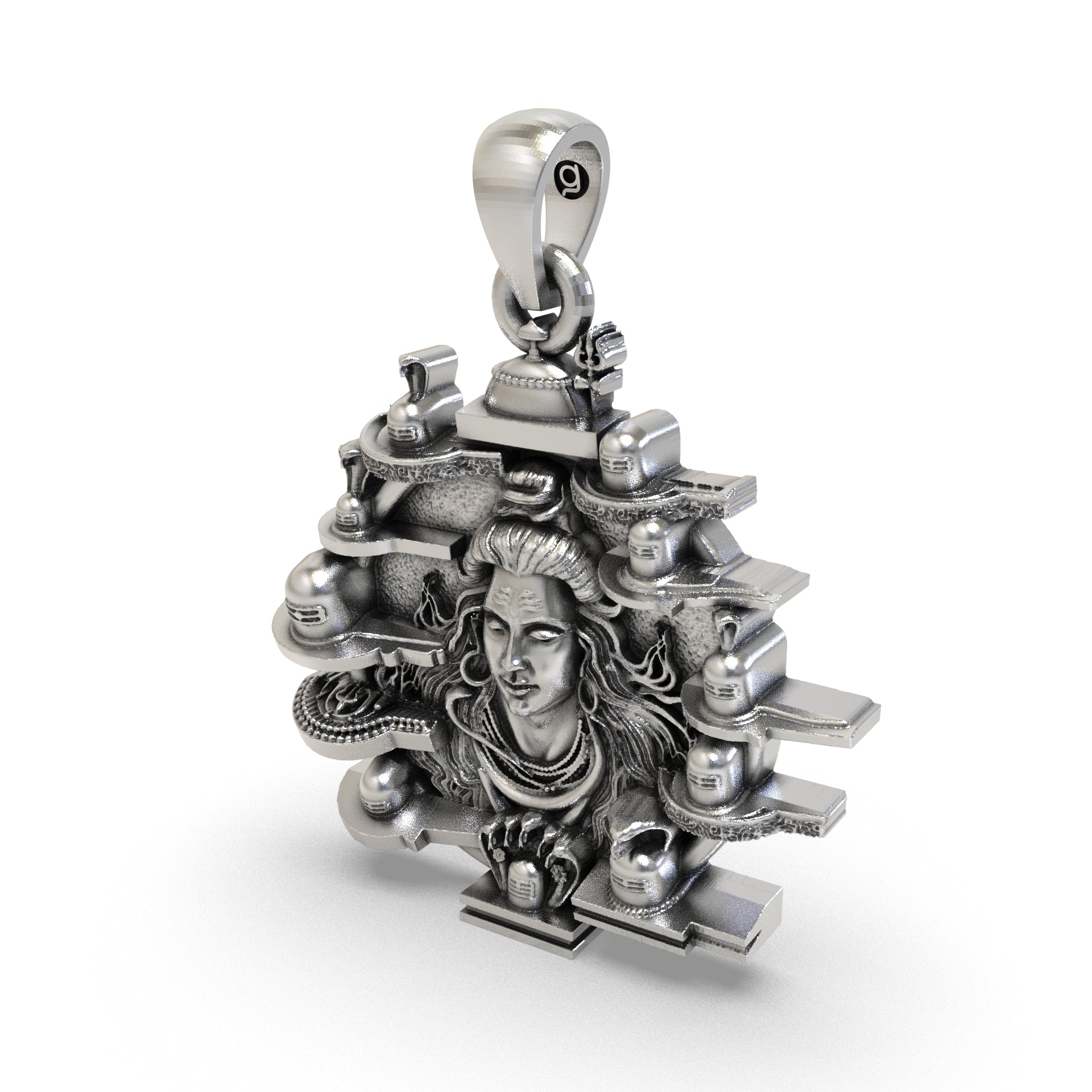 Close-up of the sacred 12 Jyotirlinga sterling silver pendant highlighting its craftsmanship.