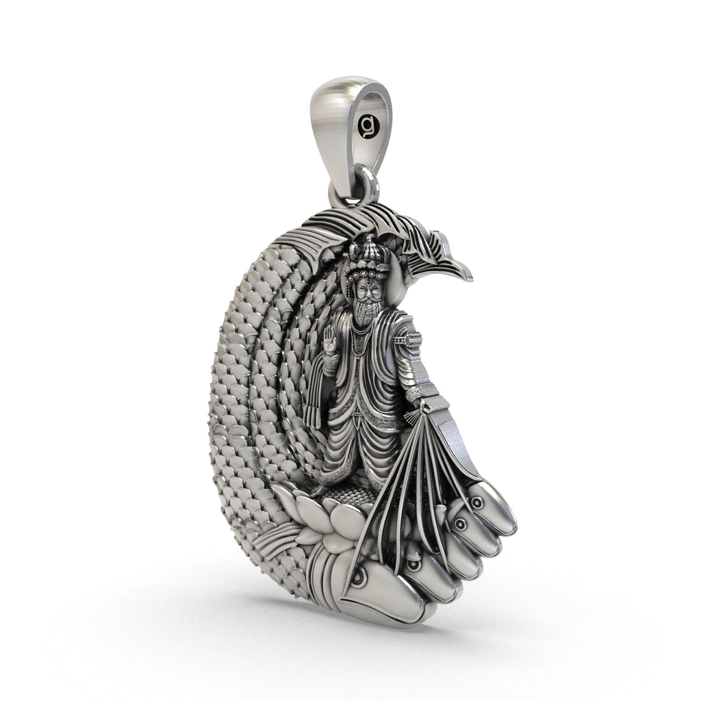 Close-up of the 925 sterling silver Lord Jhulelal protection pendant highlighting its sacred design.