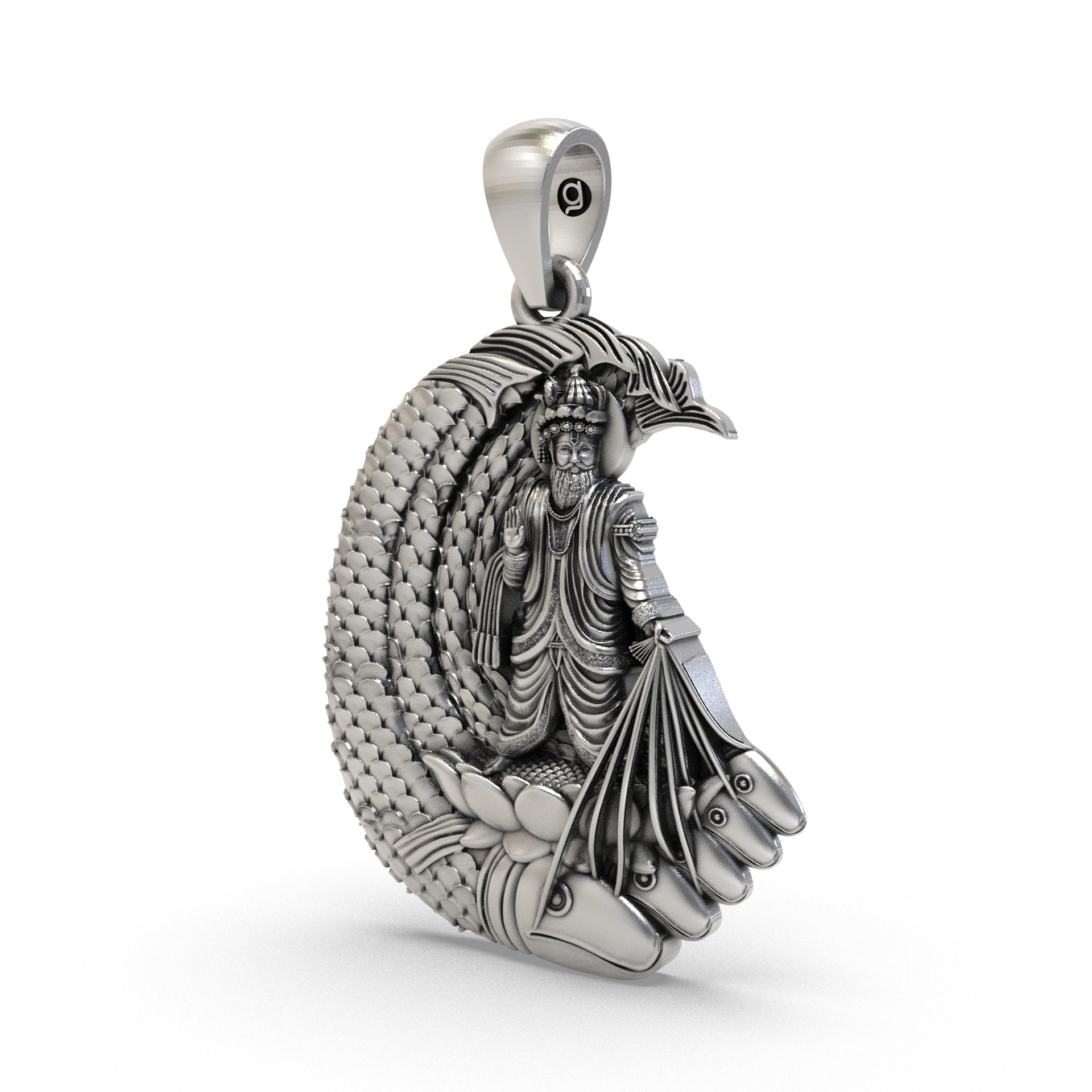 Close-up of the 925 sterling silver Lord Jhulelal protection pendant highlighting its sacred design.