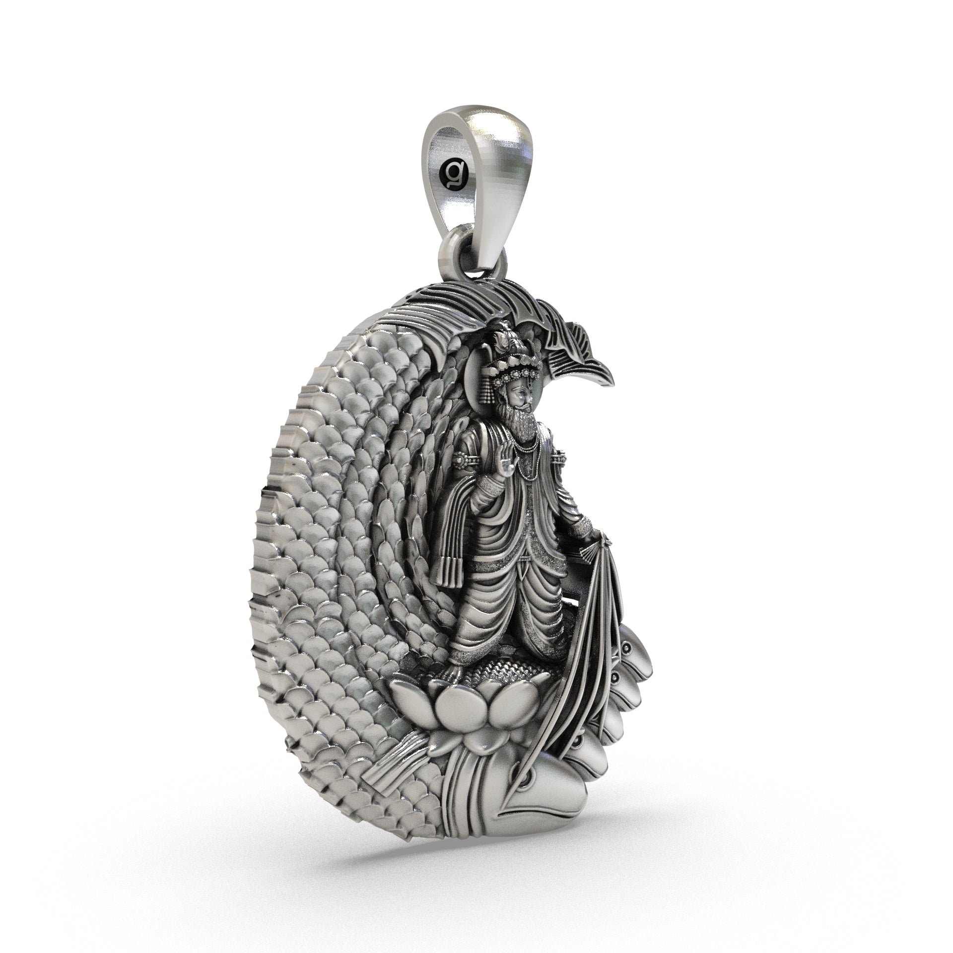 Side profile of the spiritual Lord Jhulelal silver pendant made for daily wear and Sindhi devotion.