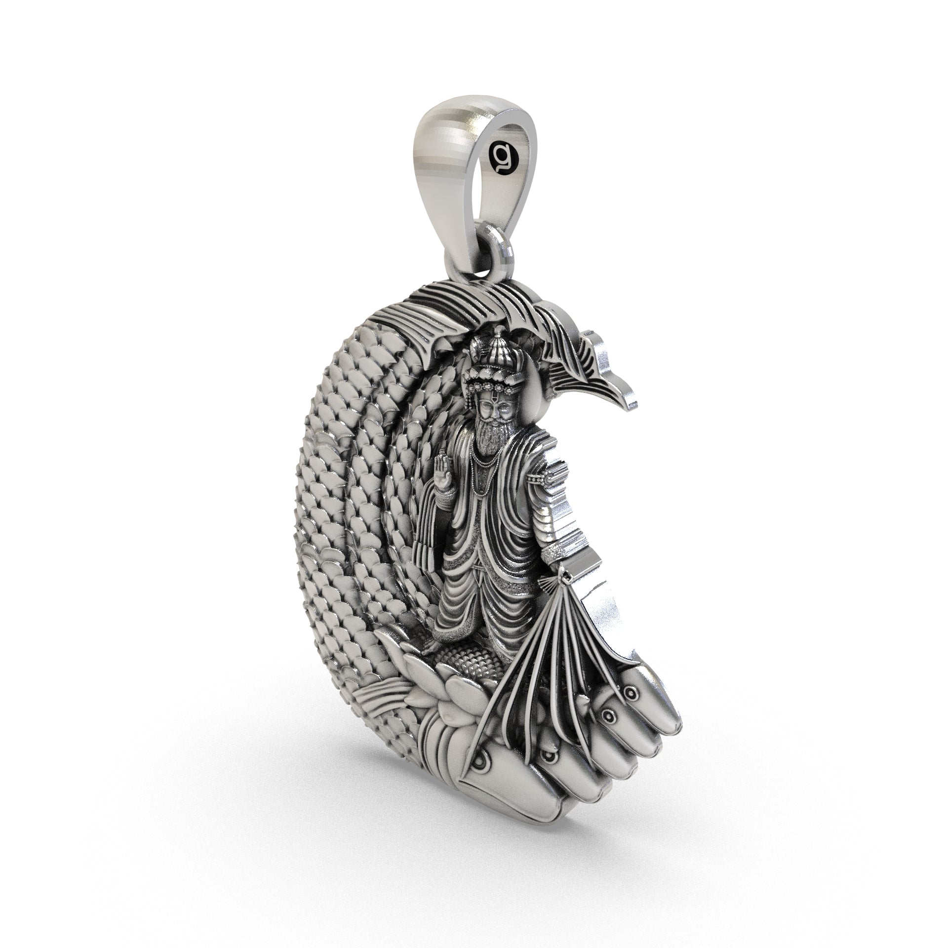 Worn look of the premium 925 silver Jhulelal Saheb pendant, perfect for gifting and seeking blessings.